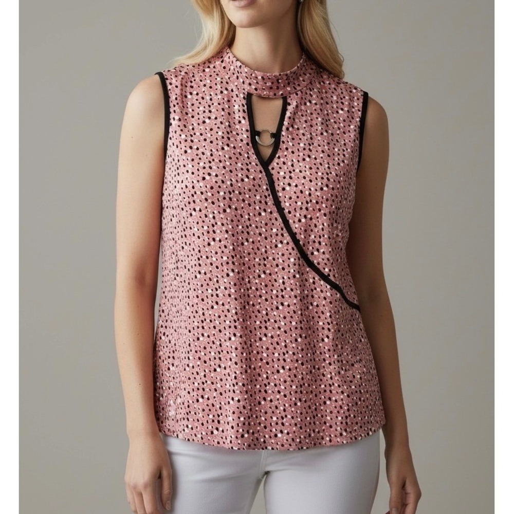 Adrienne Vittadini XL Pink Polka Dot Mock Neck Keyhole Sleeveless Top XL